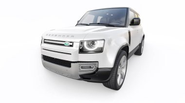 Tula, Rusya. 16 Şubat 2022: Land Rover Defender 2020. Kırsal bölgeler ve açık hava aktiviteleri için keşif aracı. 3d hazırlayıcı.