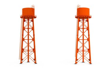 Su kulesi. Üç boyutlu illüstrasyon. Beyaz arka planda izole edilmiş. Su kaynağı rezervuarı ve endüstriyel yüksek metal konteynır su kulesi