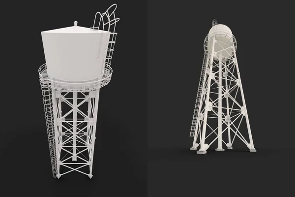 水塔3D插图 被白色背景隔离 水资源库和工业高金属结构容器水塔 — 图库照片