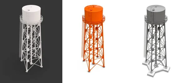 水塔3D插图 被白色背景隔离 水资源库和工业高金属结构容器水塔 — 图库照片