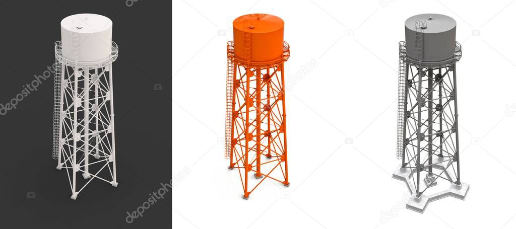 Water Tower. 3D illustration. Isolated on white background. watery resource reservoir and industrial high metal structure container water-tower