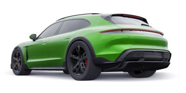 Fransa, Paris 27 Şubat 2022 Porsche Taycan Turbo S Cross Turismo 2022. Şehir ve kırsal bölgeler için elektrikli spor vagon. 3d oluşturma