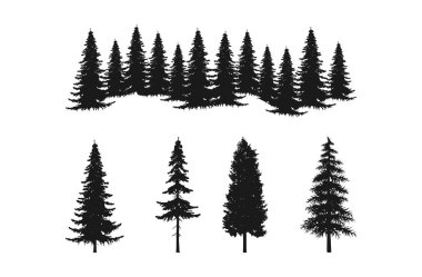 forest silhouettes of pine trees collections sets, isolated on white background