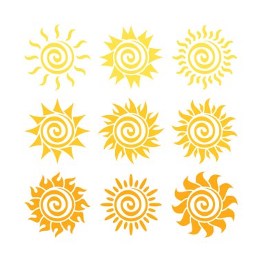 Güneşlerin ikon vektörü Clipart koleksiyon kümesi, beyaz arkaplan üzerinde izole.