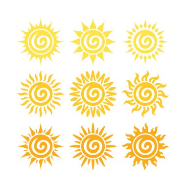 Güneşlerin ikon vektörü Clipart koleksiyon kümesi, beyaz arkaplan üzerinde izole.
