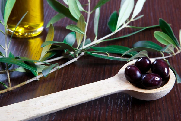 Olives noires et huile Photo De Stock