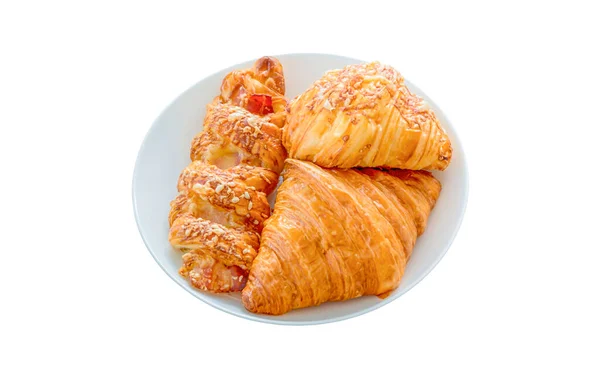 French Breakfast Croissant White Disk Isolated White Background Clipping Path — Stock Photo, Image