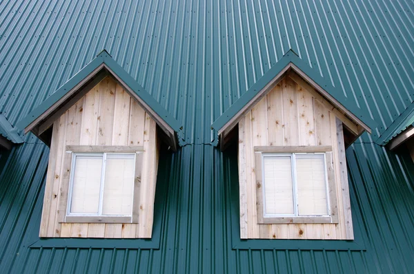 Deux lucarnes avec fenêtres sur le toit vert — Photo