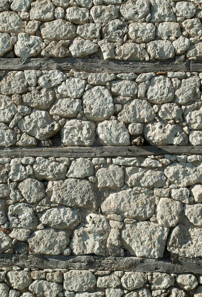 Vieux Mur Pierre Blanche Avec Poutres Bois Gros Plan Dans — Photo