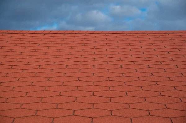 Roof New Red Bitumen Shingles Closeup — Stockfoto