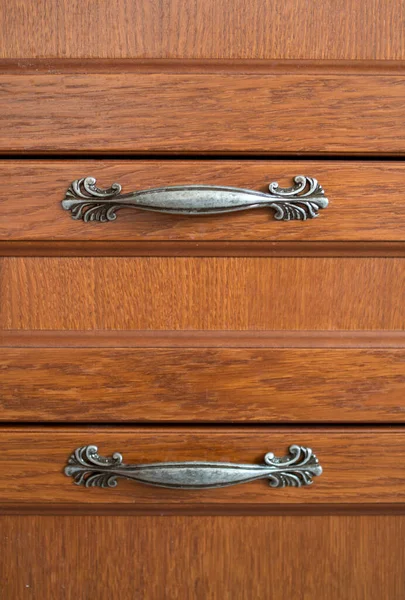 Two Decorative Horizontal Metal Handles Brown Drawers Close — Stock Photo, Image