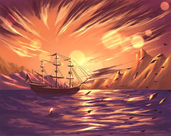 Парусник на оранжевом закате