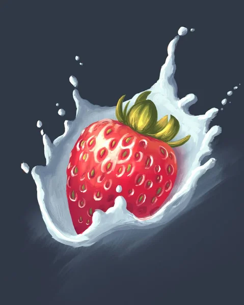 红草莓掉进牛奶里 — 图库照片