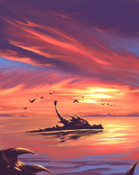 Dragon Dans Eau Coucher Soleil — Photo