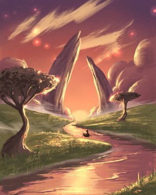 Gün batımında fantezi manzarası