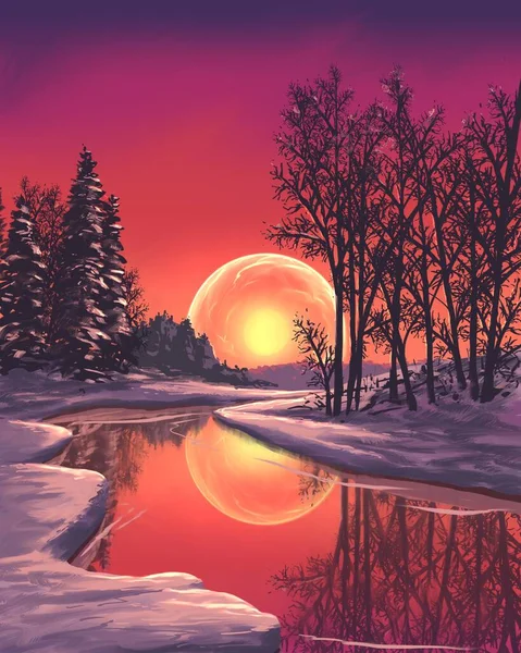Winter Sunset River — Stock fotografie