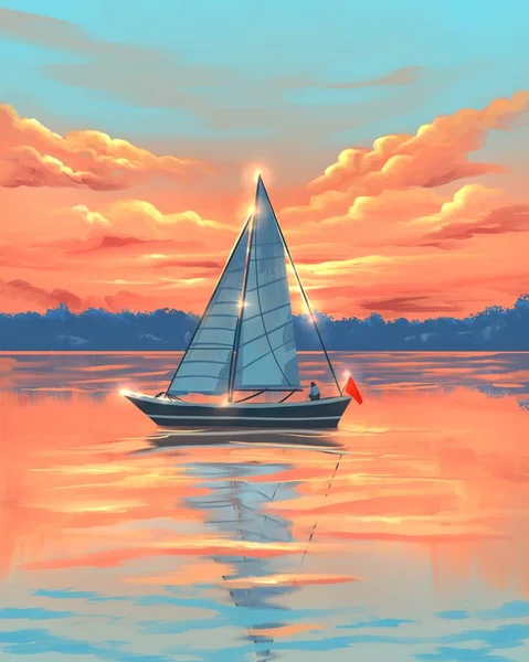Segelbåt Vid Den Orange Solnedgången Royaltyfria Stockfoton