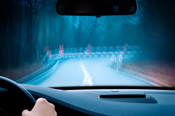 Night driving - caution - curvy road — Stock Photo, Image