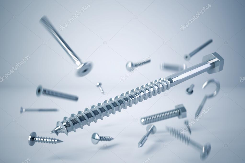 Various types of screws and bolts caught in drop