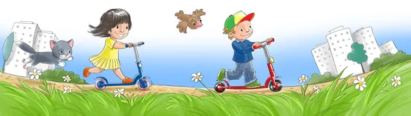 Kinderen op scooters — Stockfoto