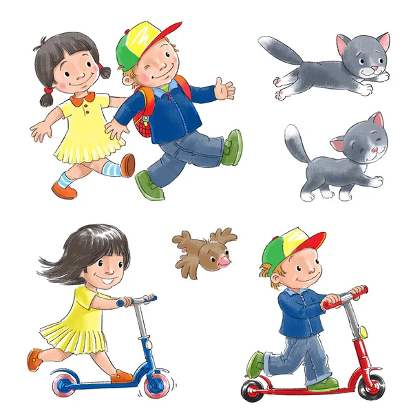 Children on scooters and cat. — Stock Photo, Image