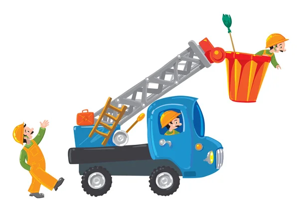 Three funny workers and machine-lift — Stock Vector