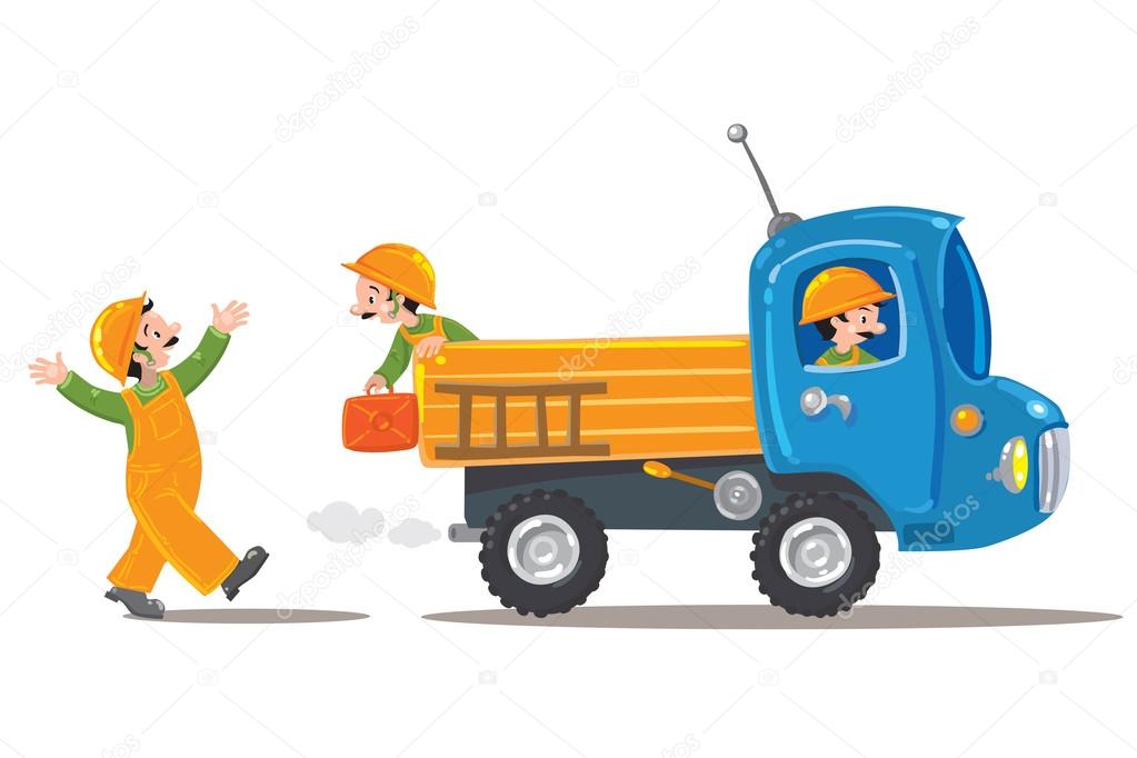 Three funny workers and truck