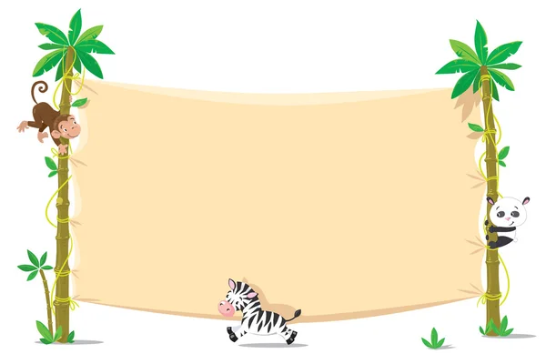 Banner on two palm tree with small funny animals — Stock Vector