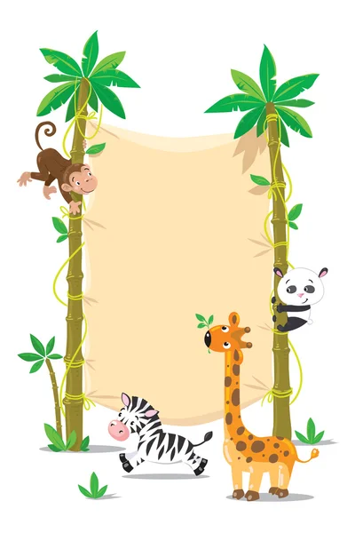 Banner en dos palmeras con pequeños animales divertidos — Vector de stock
