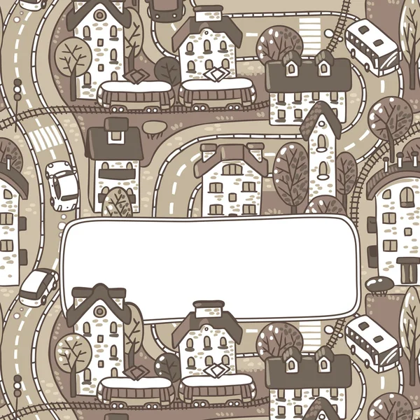 Carte de voeux avec motif ville et une fenêtre pour le texte — Image vectorielle