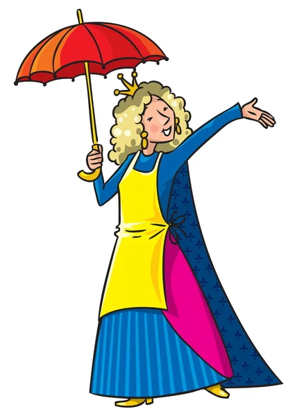 Happy singing woman in crown with umbrella and apron — Stock Vector