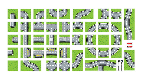City pattern map elements Roads, cars, grass areas
