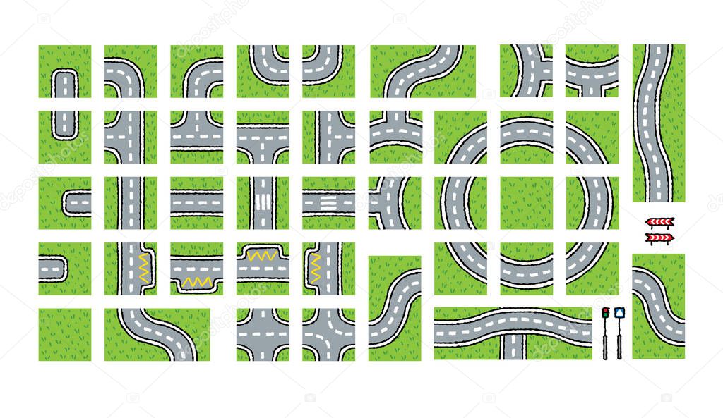 City pattern map elements Roads, cars, grass areas