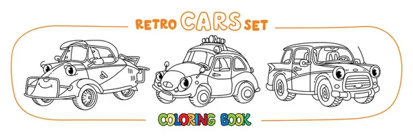 Funny pequeños coches retro con ojos para colorear libro conjunto — Vector de stock