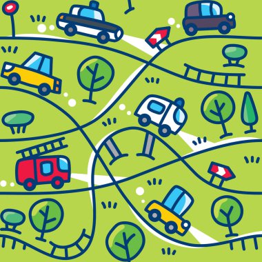 Komik araba yolda. Küçük otomobil, minibüs, kamyon, otobüs ağaçlar ve işaretleri ile Dikişsiz desen. Çocuk illüstrasyon vektör. Çocuklar arka plan