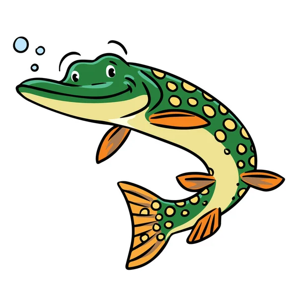 Pike in water. Funny kids vector illustration — Stock vektor