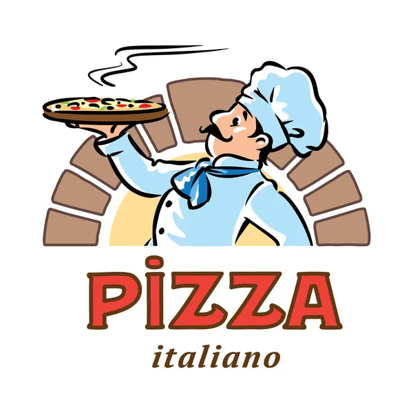 Cuoco divertente con pizza. Design emblema o logo — Vettoriale Stock