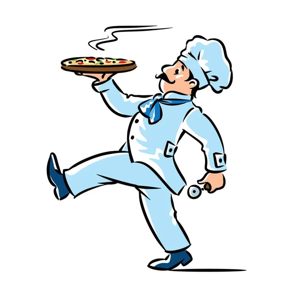 Chef divertido caminando con pizza. Diseño del emblema — Vector de stock