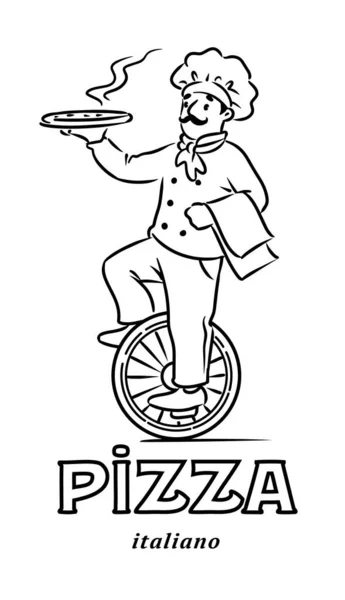 Zabawny kucharz na monocyklu z pizzą. Projekt godła — Wektor stockowy