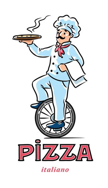 Chef engraçado em monocíclico com pizza. Desenho do emblema — Vetor de Stock