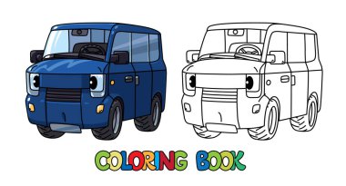Gözleri olan komik küçük bir araba. Mini minibüs boyama kitabı