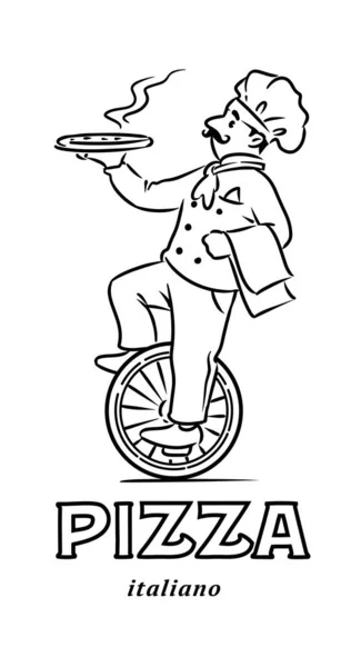 Chef divertido en monociclo con pizza. Diseño del emblema — Vector de stock