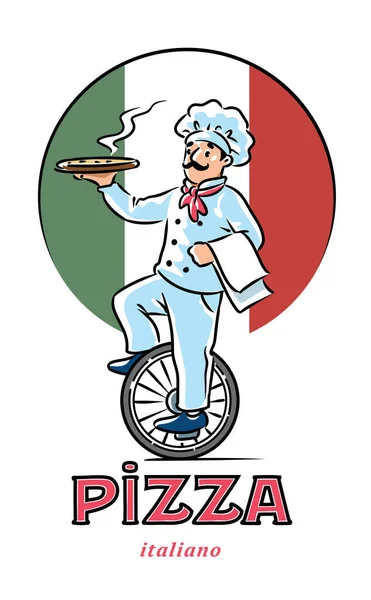 Tek tekerlekli bisiklete binip pizza yiyen komik bir şef. Amblem tasarımı — Stok Vektör