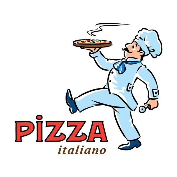 Chef engraçado andando com pizza. Desenho do emblema —  Vetores de Stock