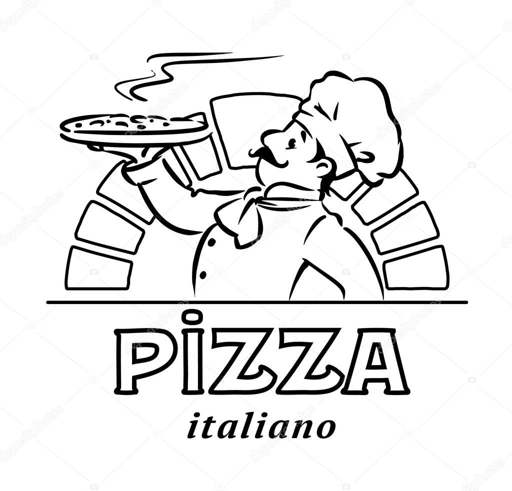 Chef with pizza. Emblem design of funny man, baker or cook, on background of wood-burning stove. Children vector illustration. Cartoon character with logo. Pizzeria sign