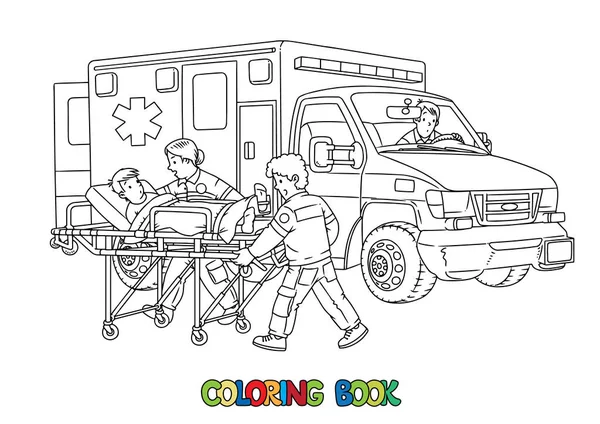 Paramedics, patient, ambulance. Coloring book — Vettoriale Stock