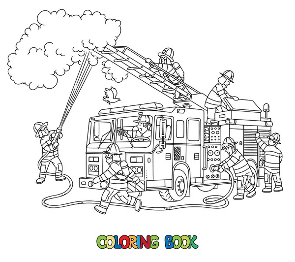 Firefighters extinguish a fire next to a fire truck. Coloring book — Διανυσματικό Αρχείο