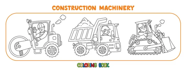 Heavy construction machinery set Cars with drivers — Stok Vektör