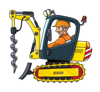 Matkap ve şoförlü mini kazıcı. Vektör illüstrasyonu