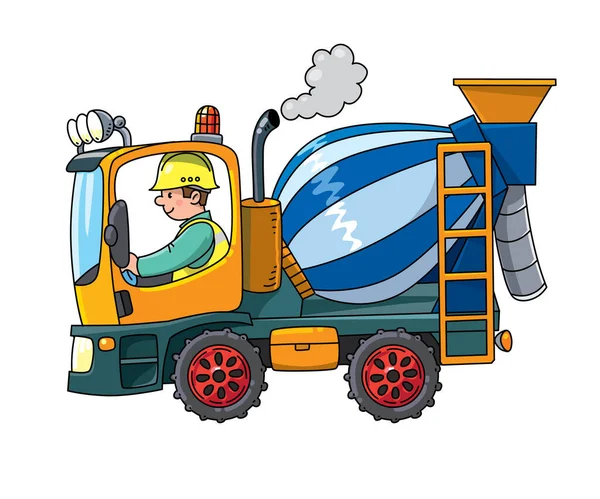 Mezclador de camiones divertido con un conductor. Ilustración infantil — Vector de stock